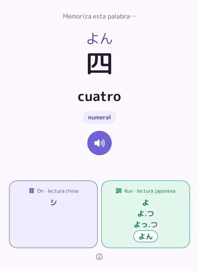La ficha de 四 (cuatro) en la app Yukigo: lectura, audio y lecturas on y kun