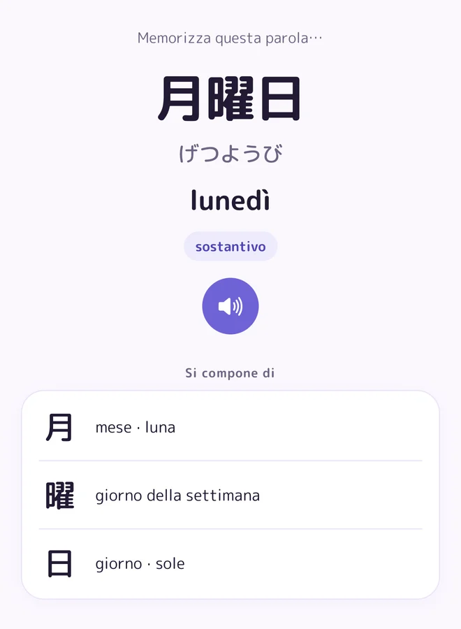 La scheda di 月曜日 (lunedì) nell'app Yukigo: lettura, audio e i kanji che la compongono