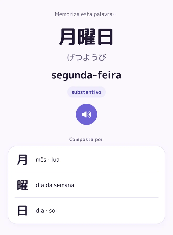 A ficha de 月曜日 (segunda-feira) na app Yukigo: leitura, áudio e os kanji que a formam