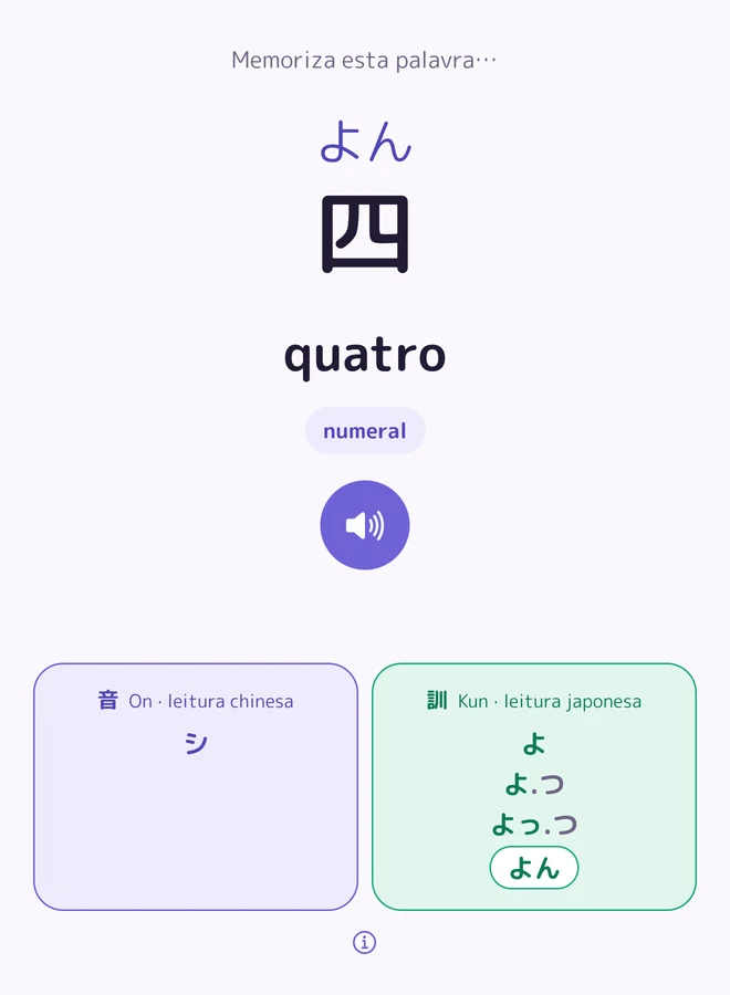A ficha de 四 (quatro) na app Yukigo: leitura, áudio e leituras on e kun